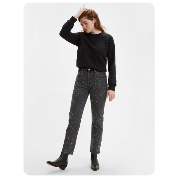 ! Levi’s 501 Original Cropped Studded Black Jeans sz W26 L26 - Picture 1 of 7